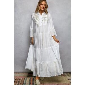 POL White Cotton Embroidered Tiered Maxi Dress  Ruffle Sleeve Boho SMALL
